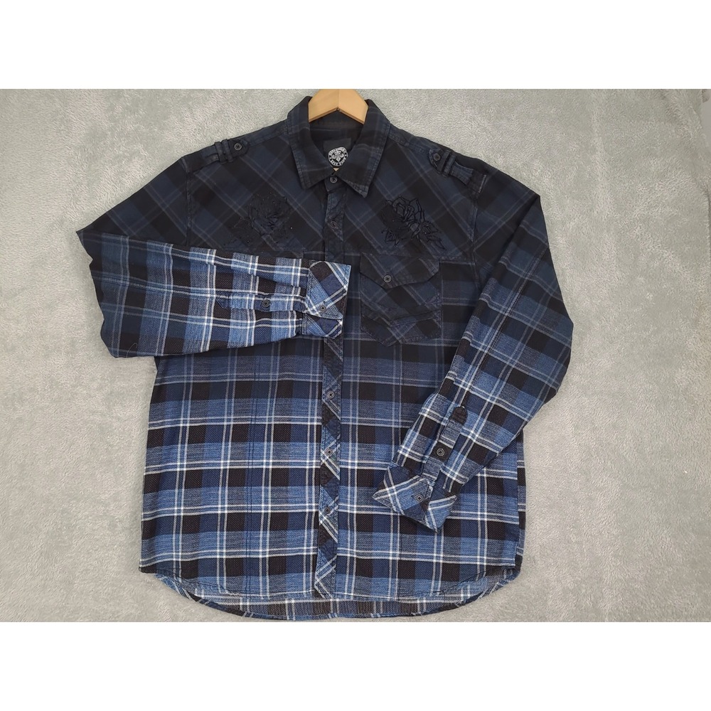 VTG Affiliation Mens Button Up Shirt Black Label Long Sleeve Plaid Blue 2XL